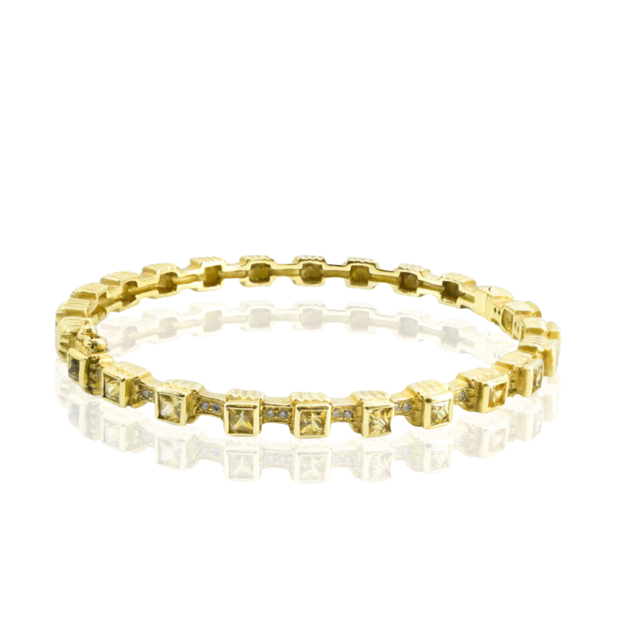 18K Yellow Gold Bezel Set Diamond &amp; Sapphire Bangle | 24.6g Modern Geometric Bracelet