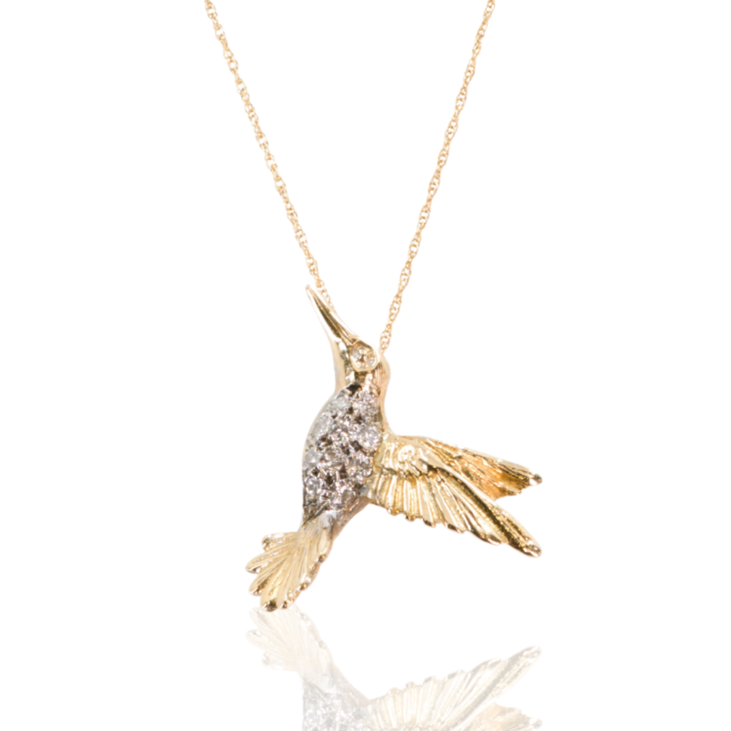 14K Yellow Gold | Hummingbird Pendant | Diamond Accents
