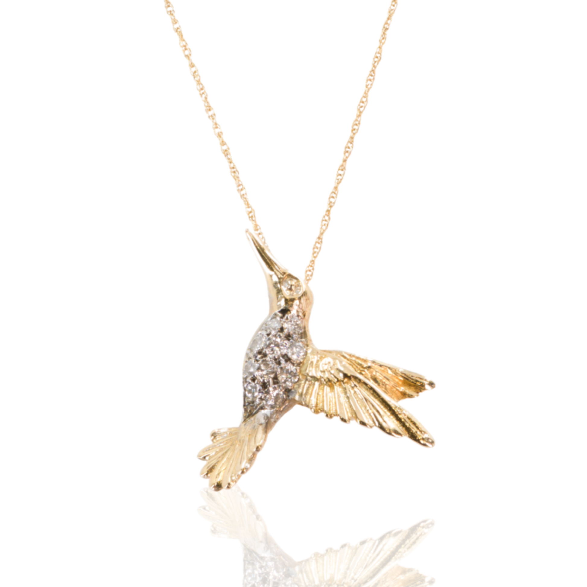 14K Yellow Gold | Hummingbird Pendant | Diamond Accents