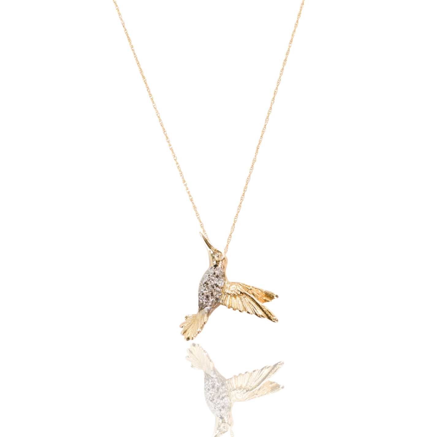 14K Yellow Gold | Hummingbird Pendant | Diamond Accents