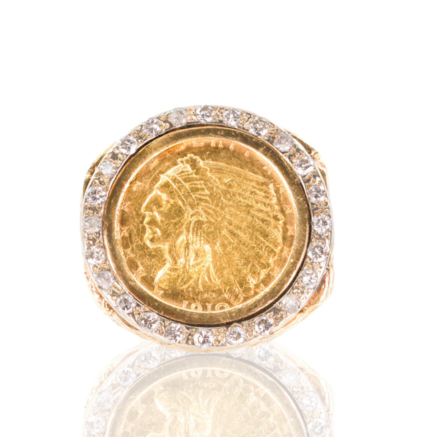 14K Yellow Gold | American Indian Head Gold Coin | Diamond Halo