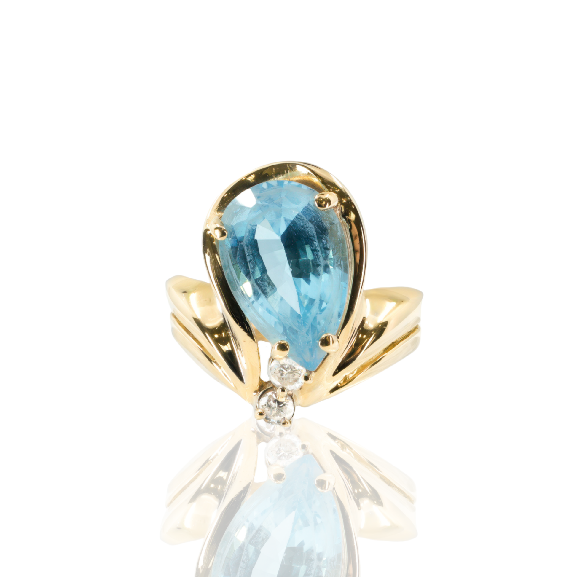14K Yellow Gold Pear Cut Blue Topaz Ring with Diamond Accents | Size 8.5