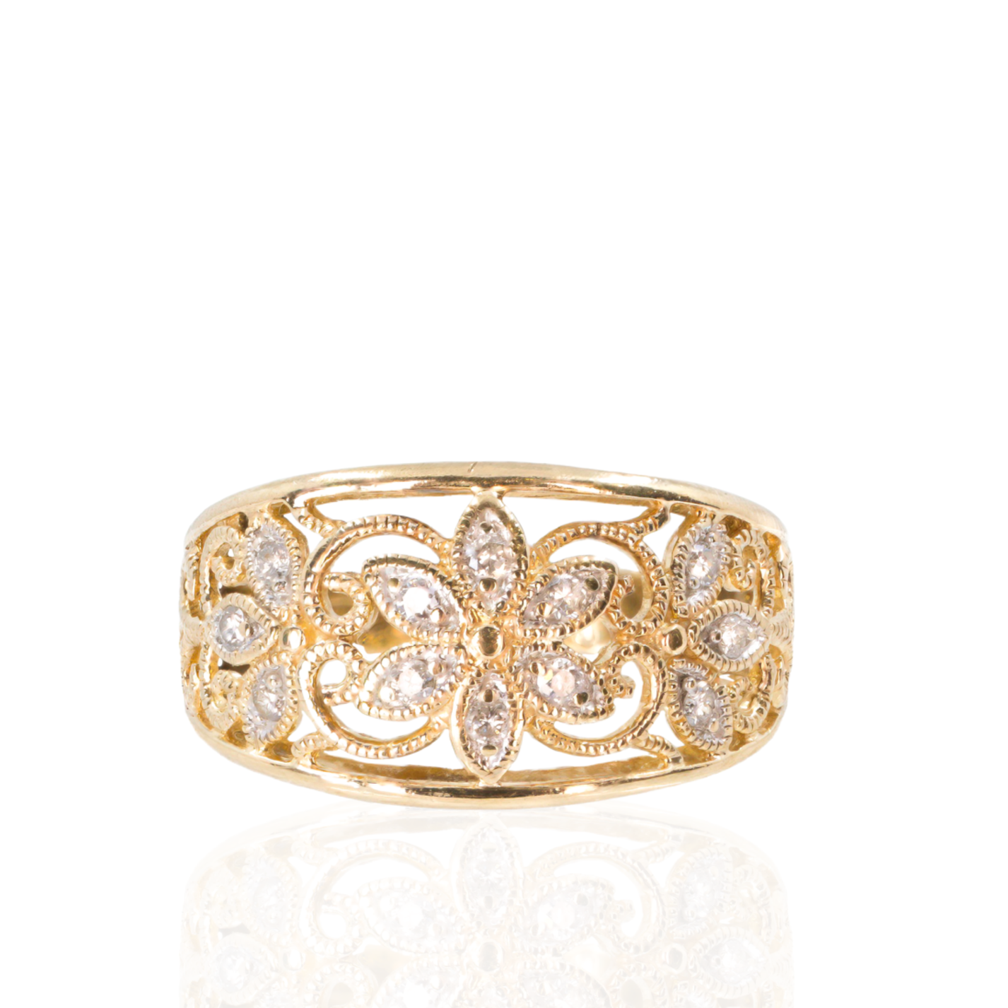 14K Yellow Gold | Floral Diamond Cluster | Openwork Filigree