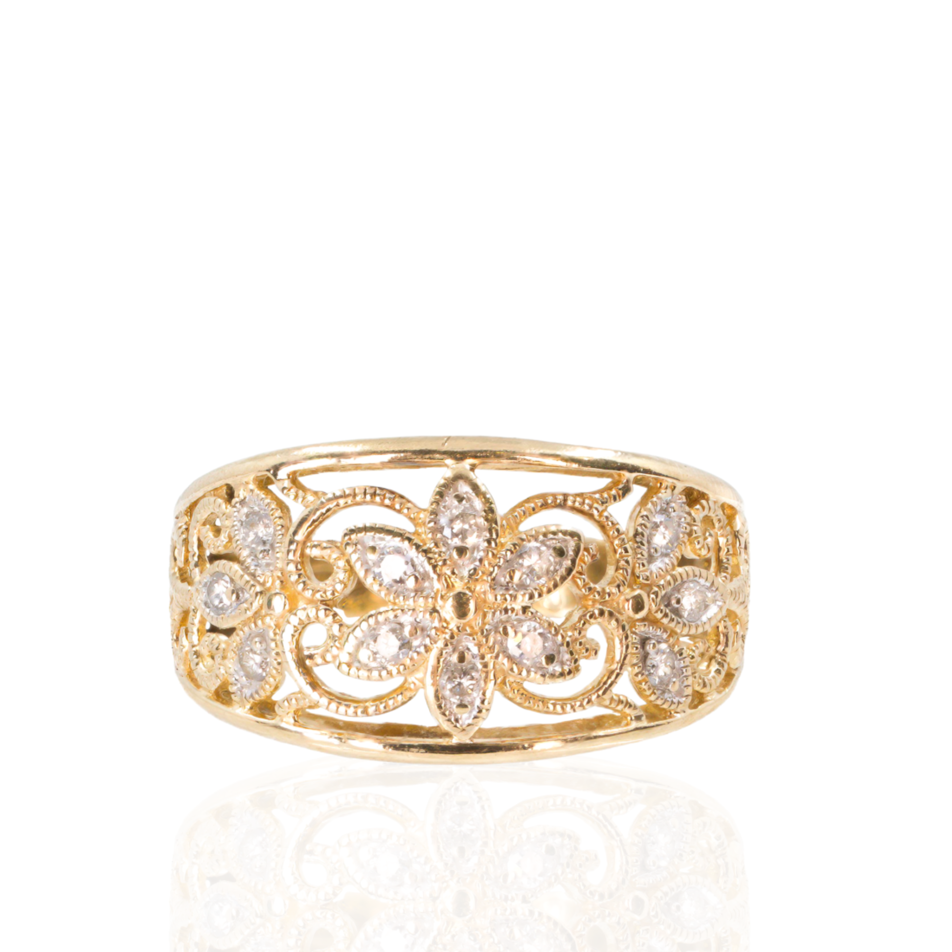14K Yellow Gold | Floral Diamond Cluster | Openwork Filigree