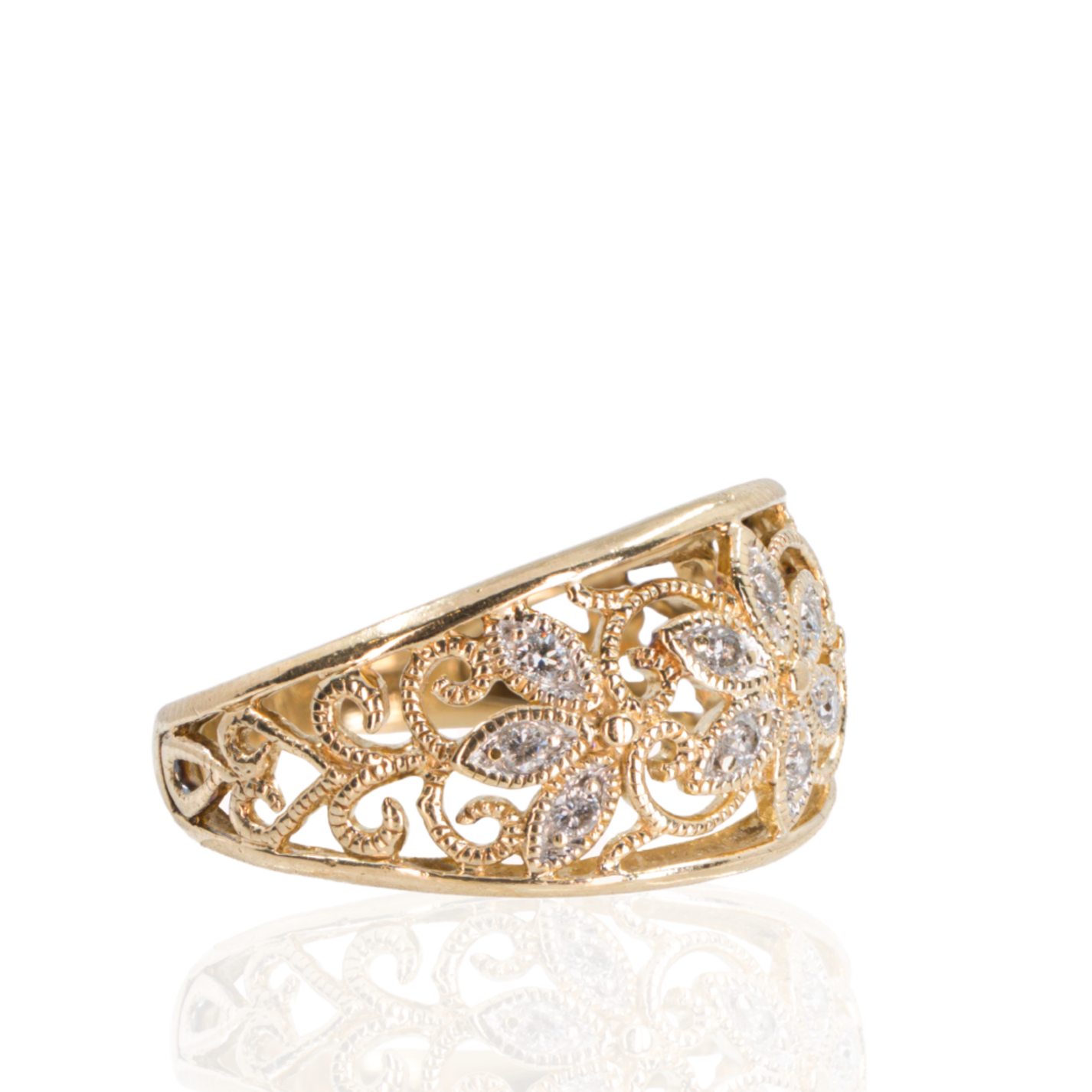 14K Yellow Gold | Floral Diamond Cluster | Openwork Filigree