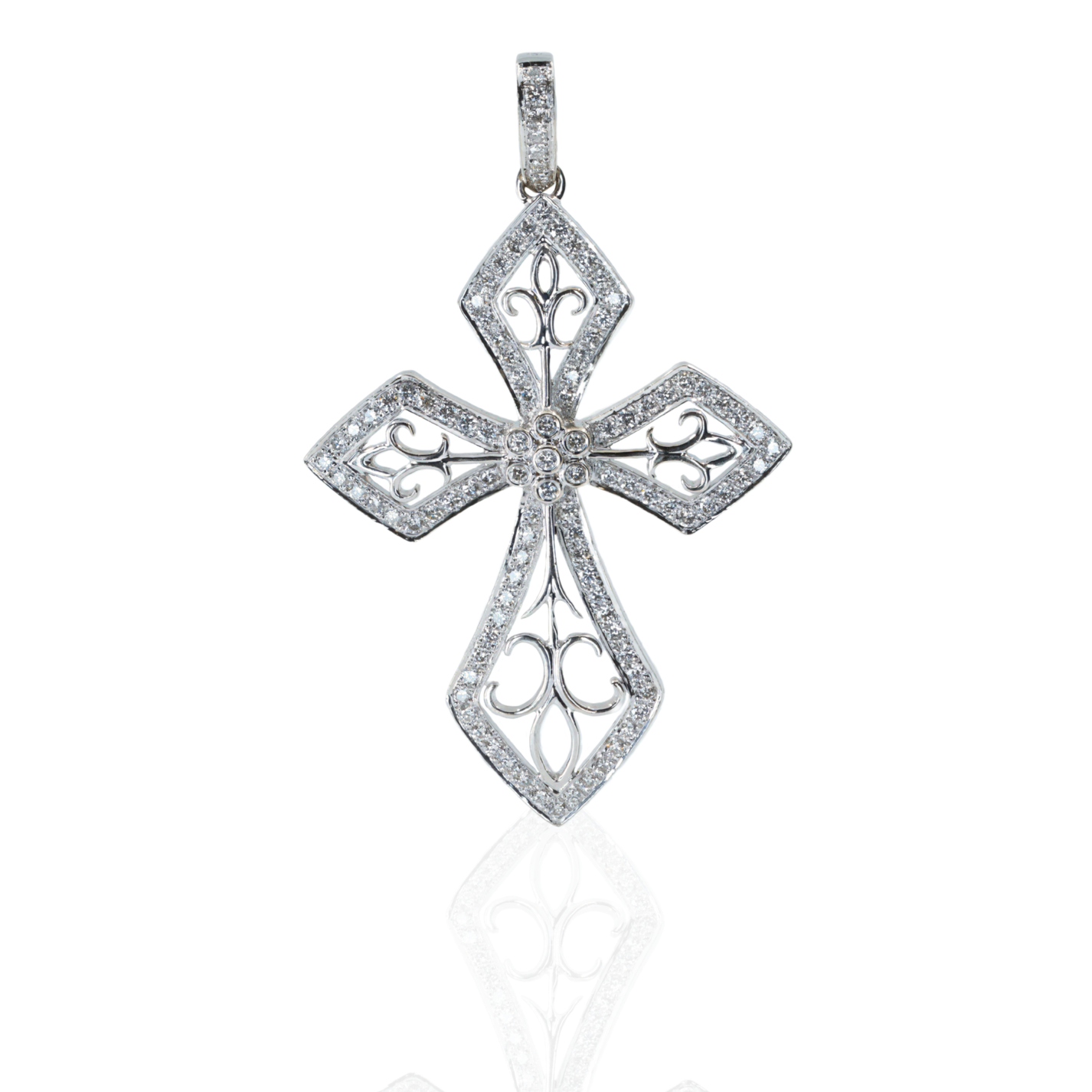 18K White Gold Diamond Filigree Cross Pendant