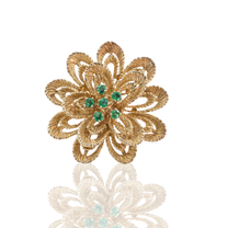 14K Yellow Gold | Vintage Floral Brooch | Green Stone Accents