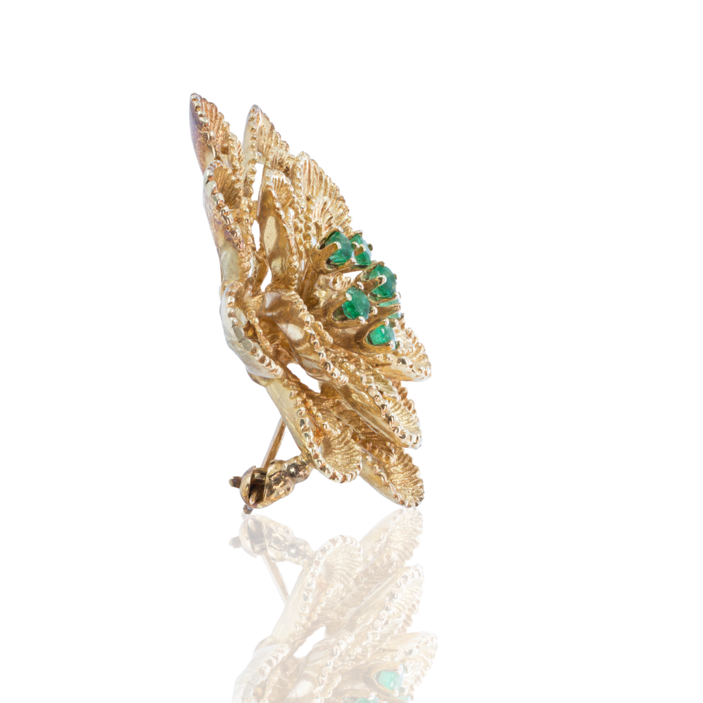 14K Yellow Gold | Vintage Floral Brooch | Green Stone Accents