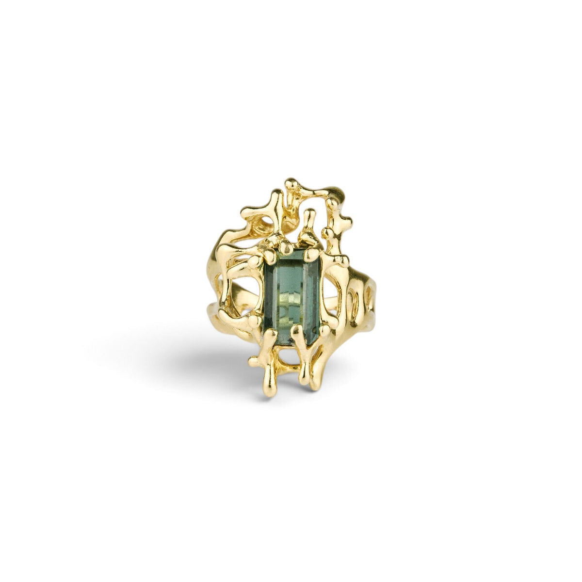 14K Gold Green Gemstone Ring Size 8.5