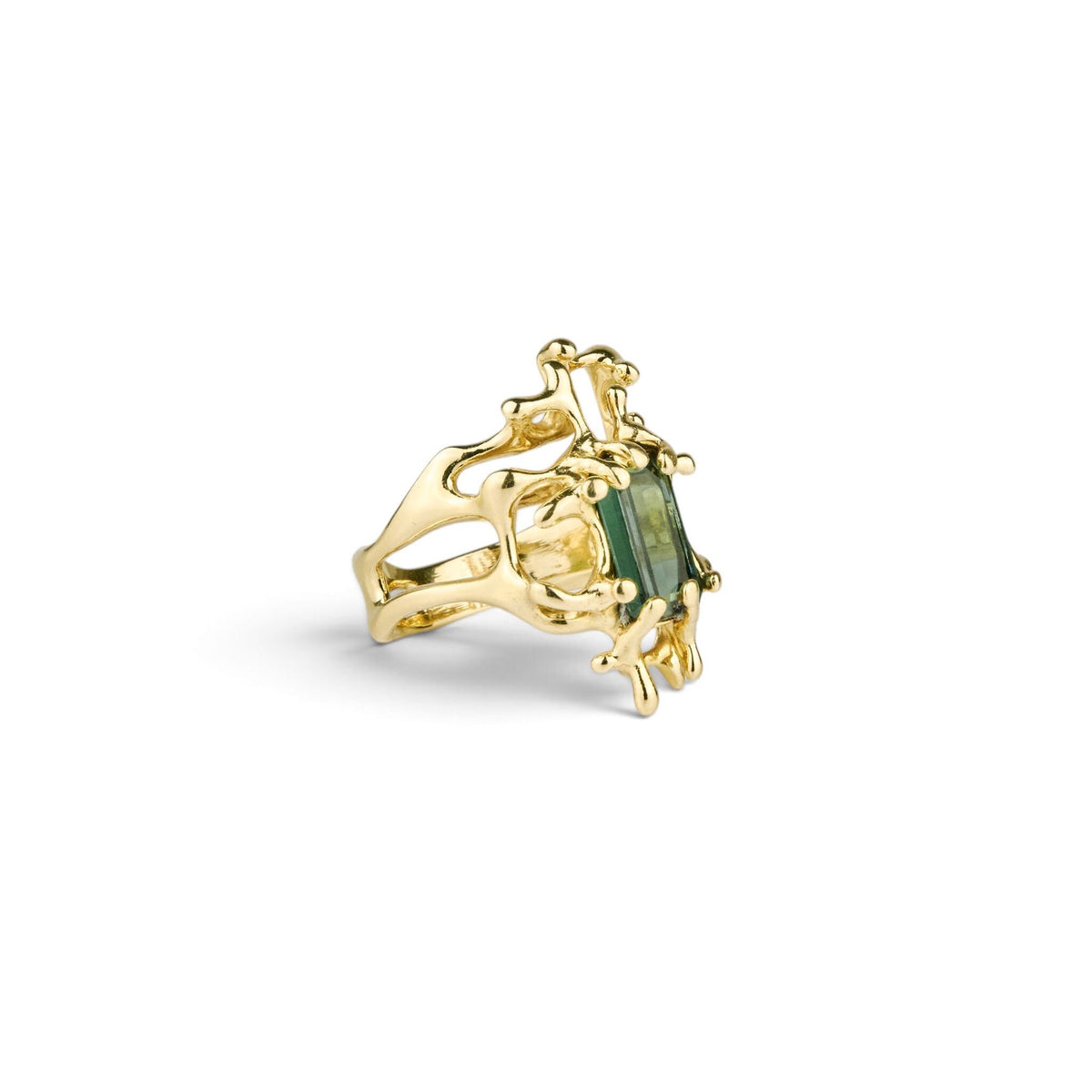 14K Gold Green Gemstone Ring Size 8.5