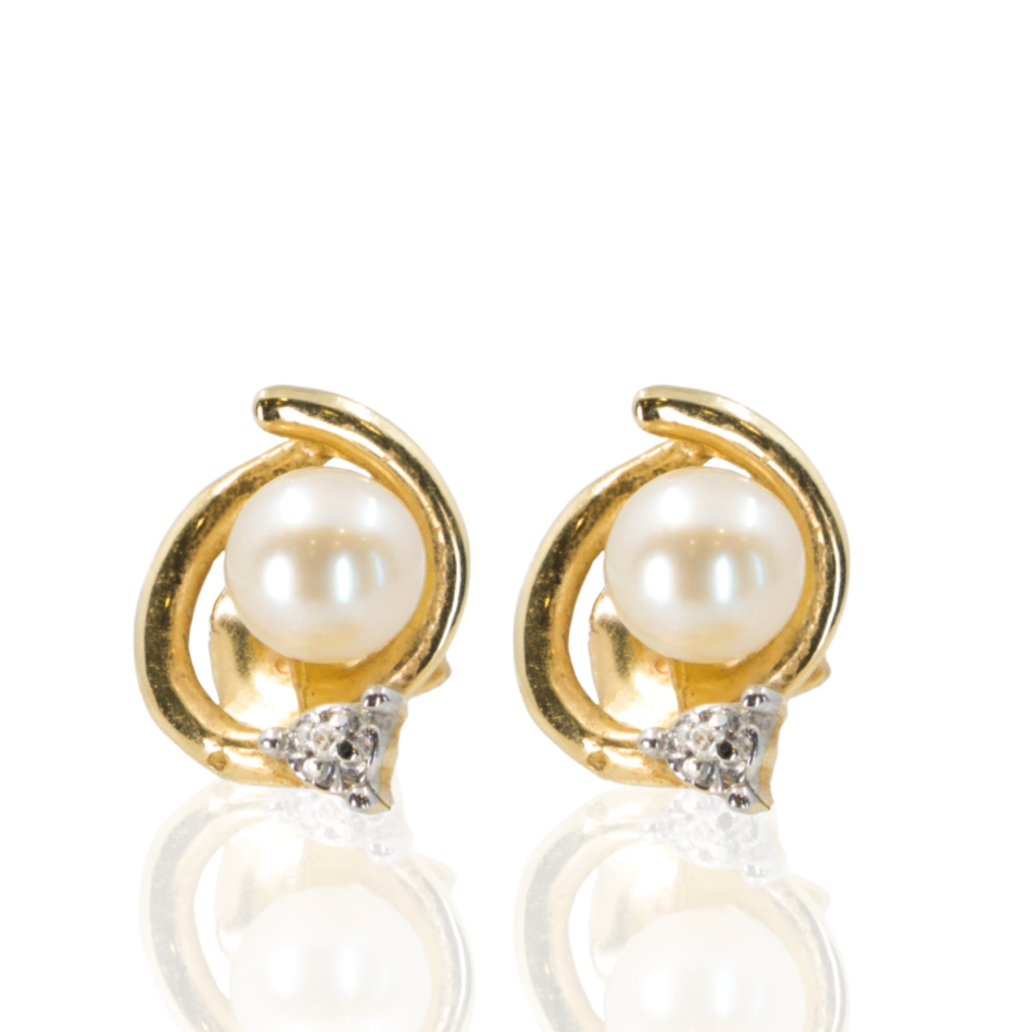 10K Yellow Gold | Classic Pearl Studs | Diamond Accents