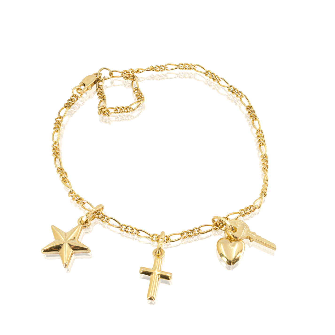 14K Yellow Gold | Figaro Link Bracelet | Four Symbol Charms