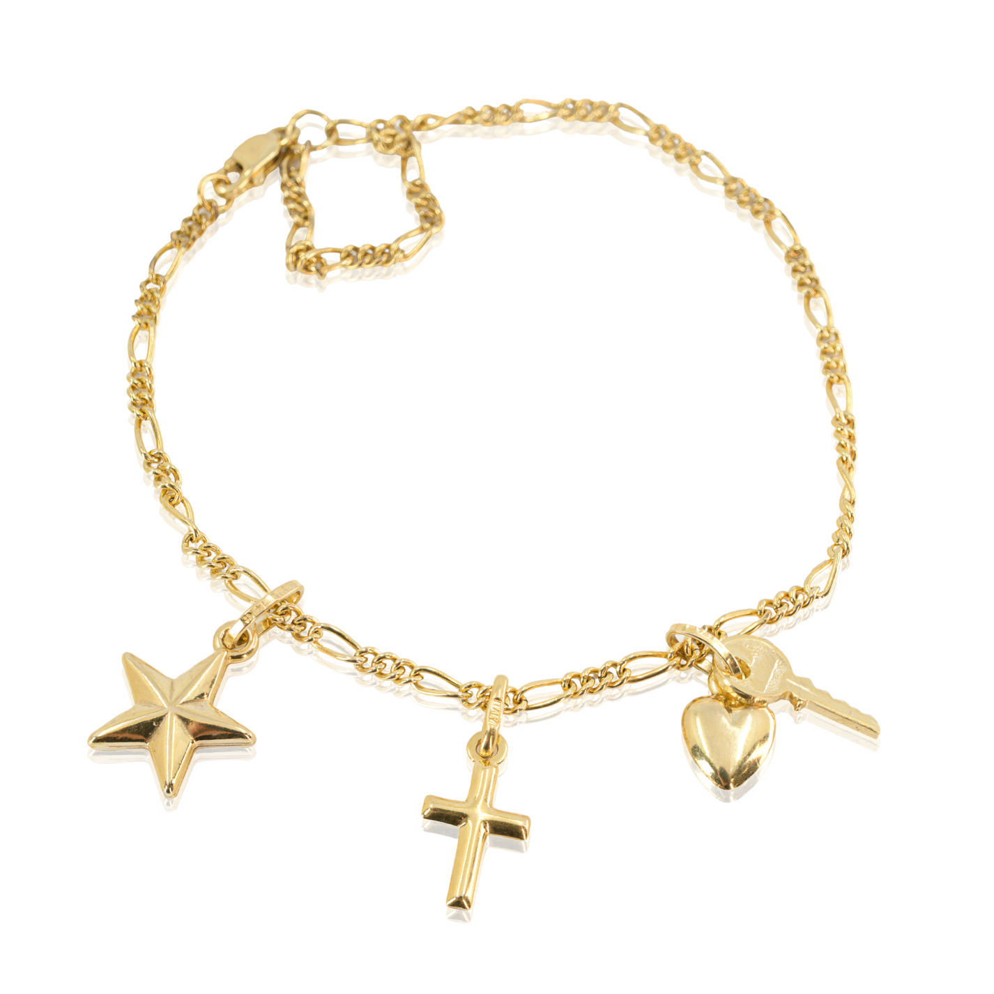 14K Yellow Gold | Figaro Link Bracelet | Four Symbol Charms