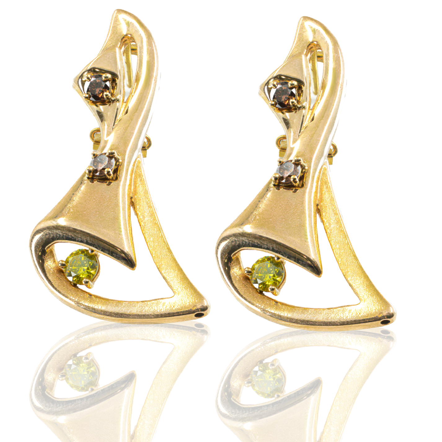 18K Yellow Gold | Freeform Statement Earrings | Brown &amp; Green Gemstones
