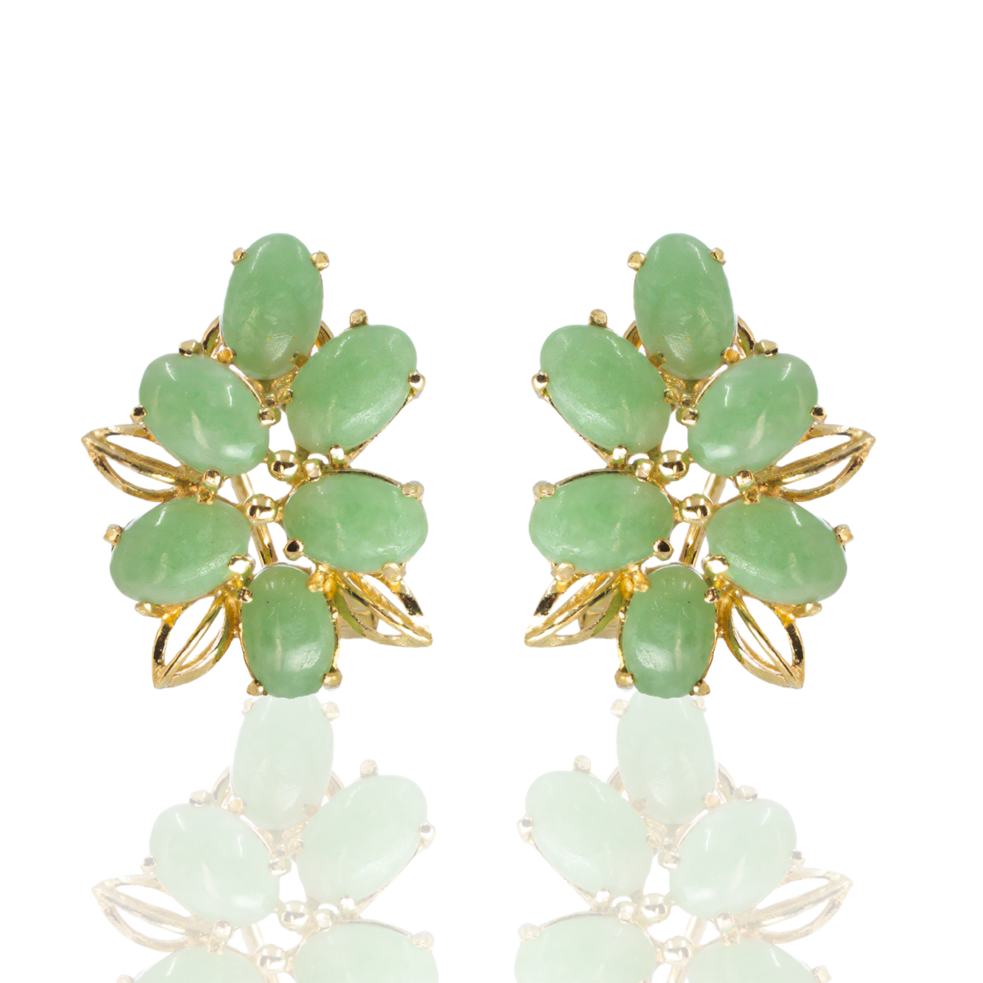 14K Yellow Gold | Vintage Jade Cluster Earrings | Cabochon Cut